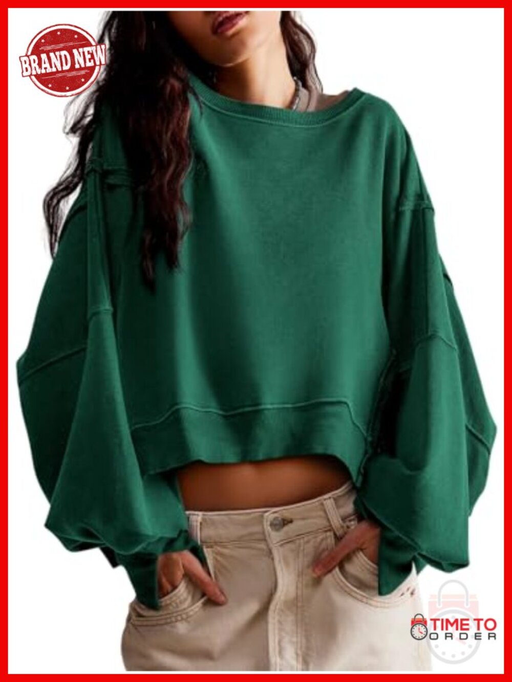 Women's Loose Fit Crop Sweatshirt Long Sleeve Crew Neck Pullover